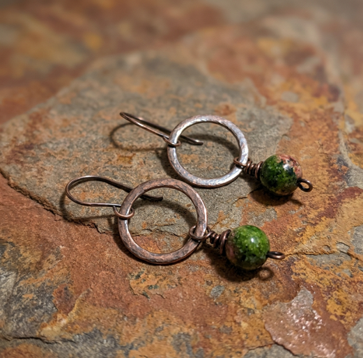 Forest Circle Green Jasper Copper Earrings
