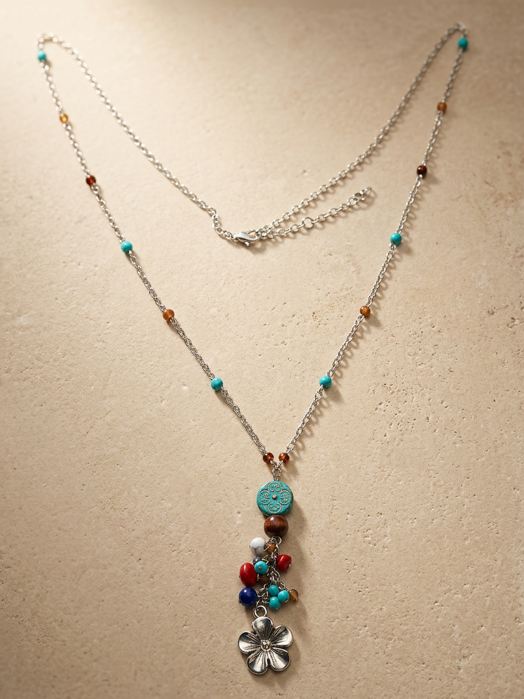 Silver-tone flower pendant necklace with multicolor bead cluster and turquoise-colored chain accents