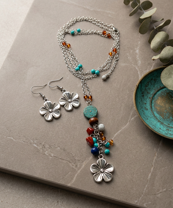 Boho flower necklace and matching flower drop earrings with silver-tone details and multicolor beads