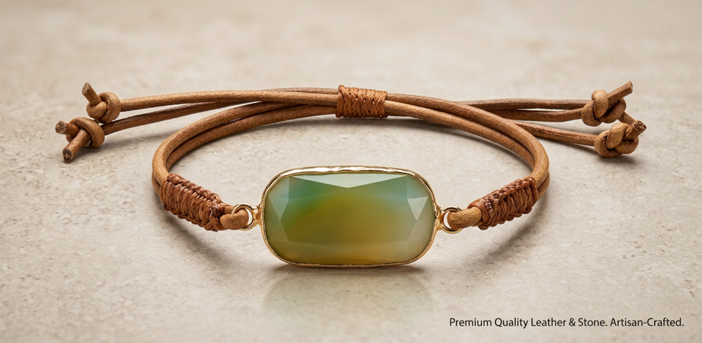 Natural aventurine bracelet with faceted green stone, gold-tone setting, and adjustable tan leather cord