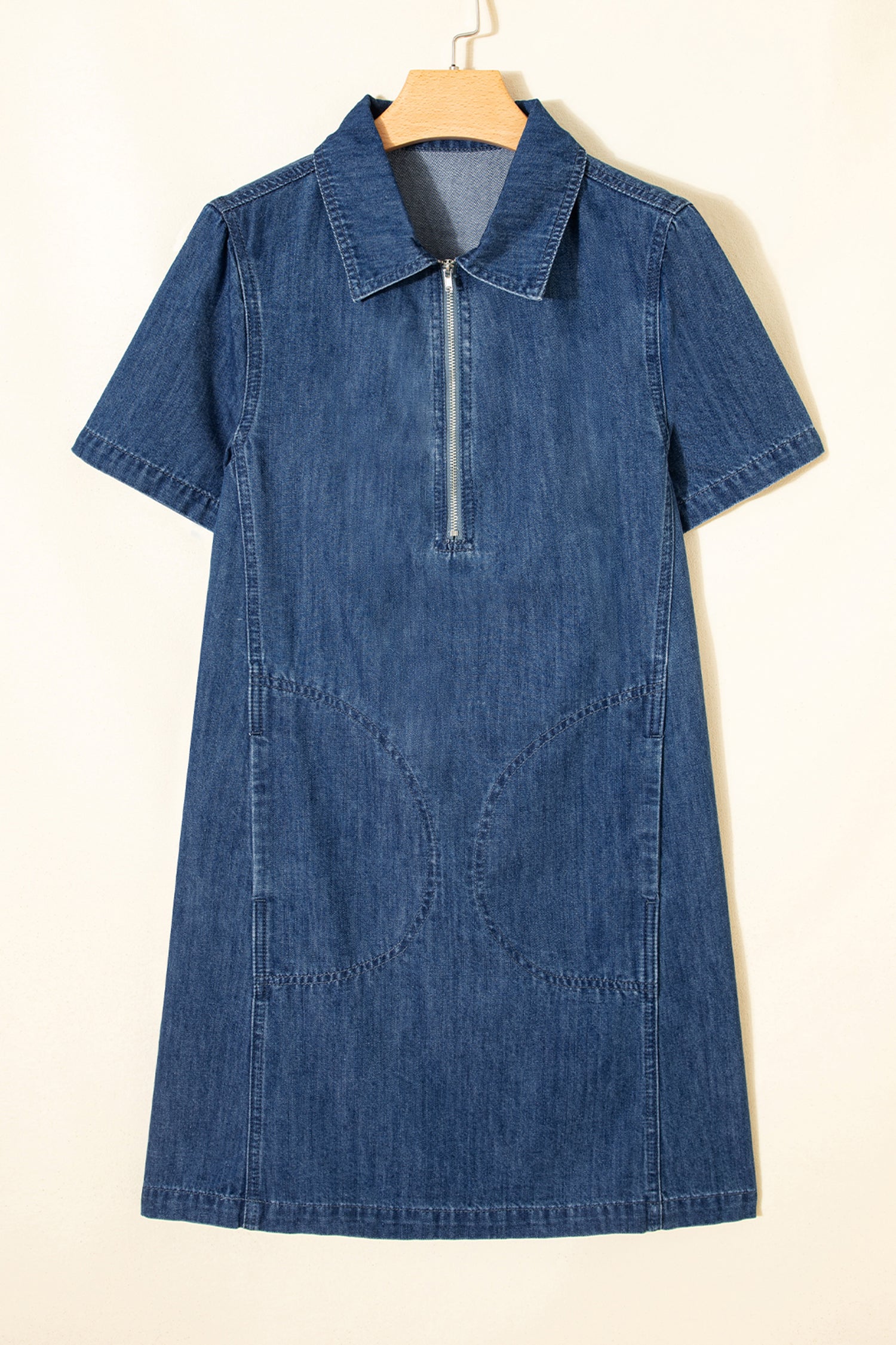 Blue Zip up Collared Short Sleeve Shift Mini Denim Dress