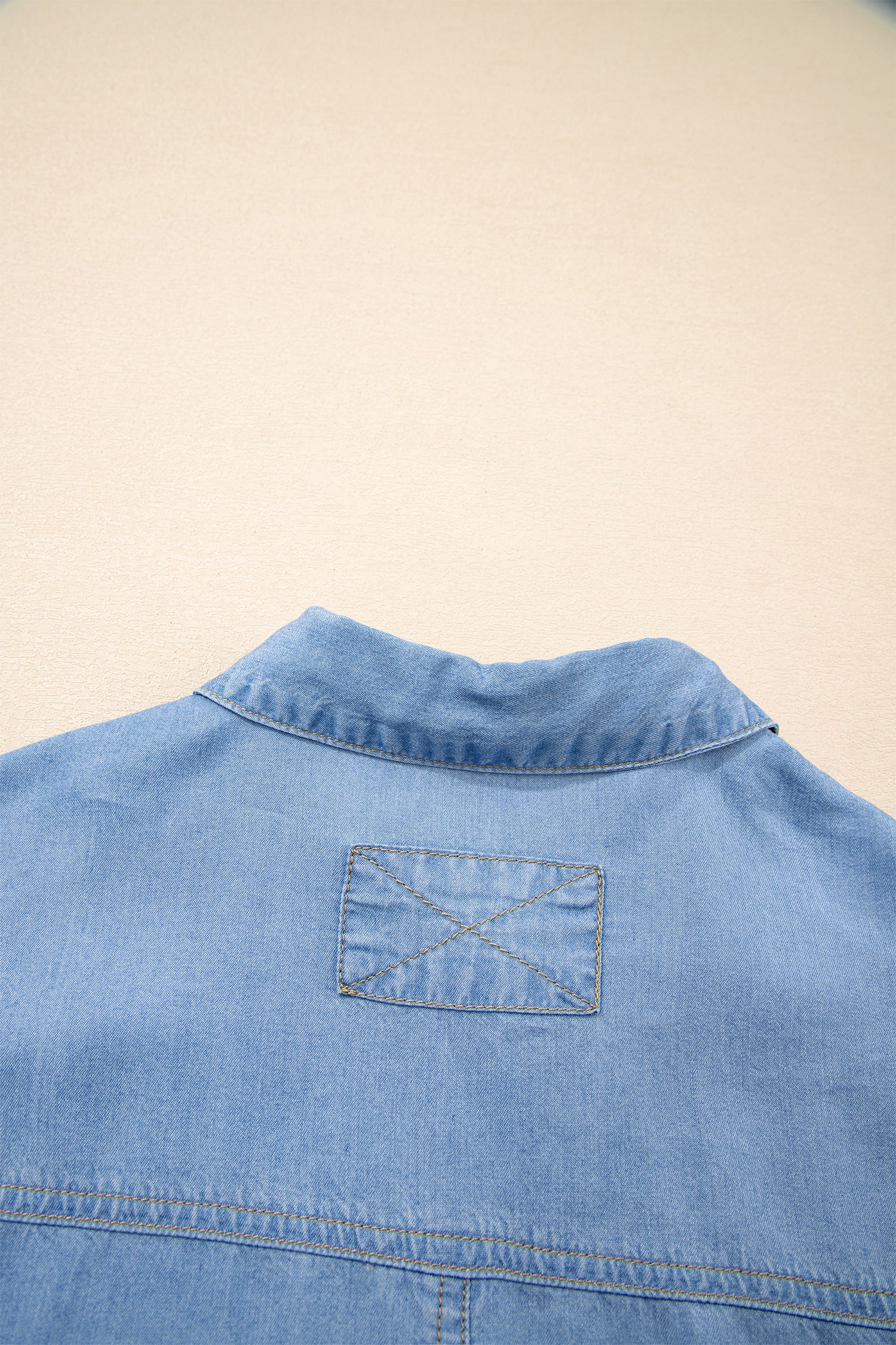 Beau Blue Half Sleeve Button Down Ruffled High Low Chambray Shirt