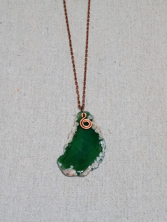 Green Agate Slice Necklace – Copper Wire Wrapped Pendant