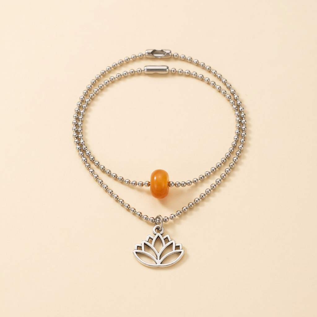 Amber-colored natural stone and lotus bracelet set