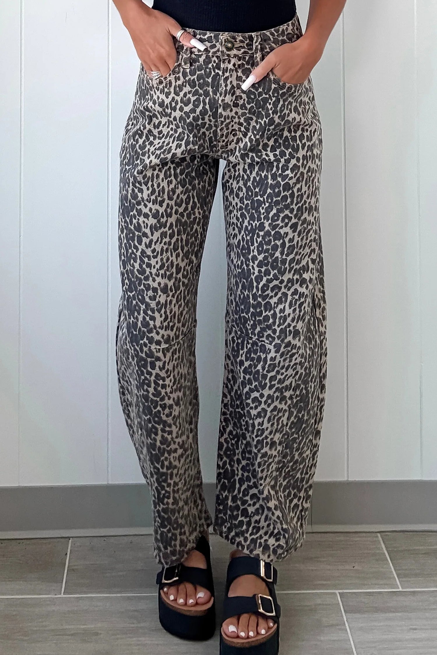 Black Leopard Print High Waist Barrel Jeans