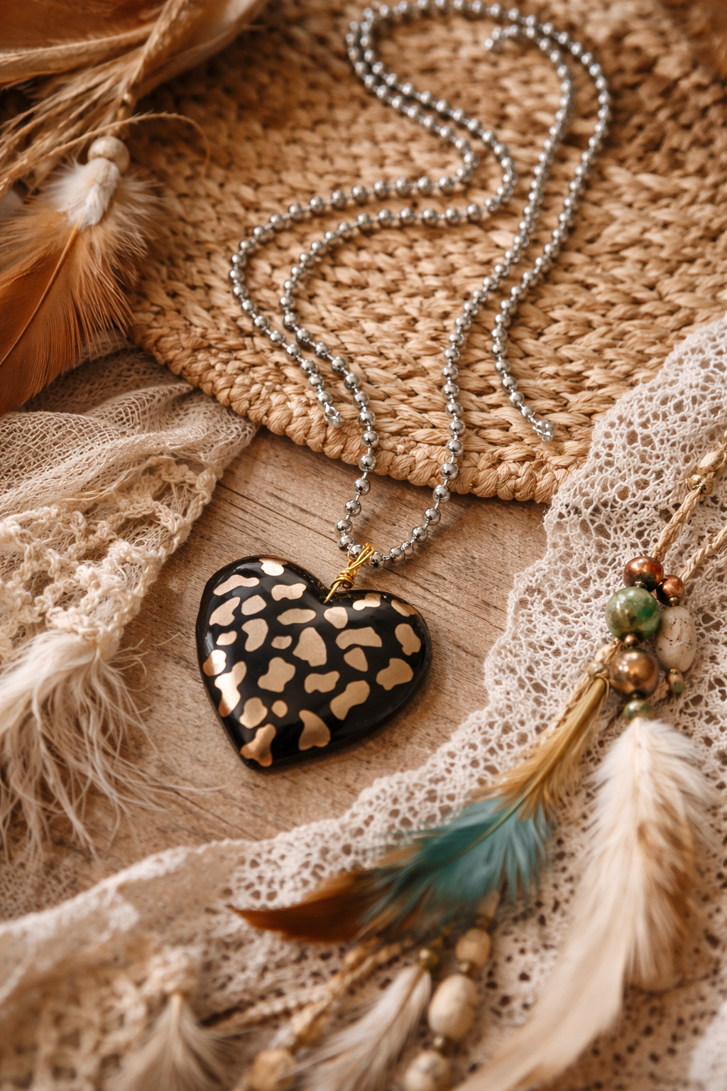 Black & Gold Leopard Heart Pendant Necklace