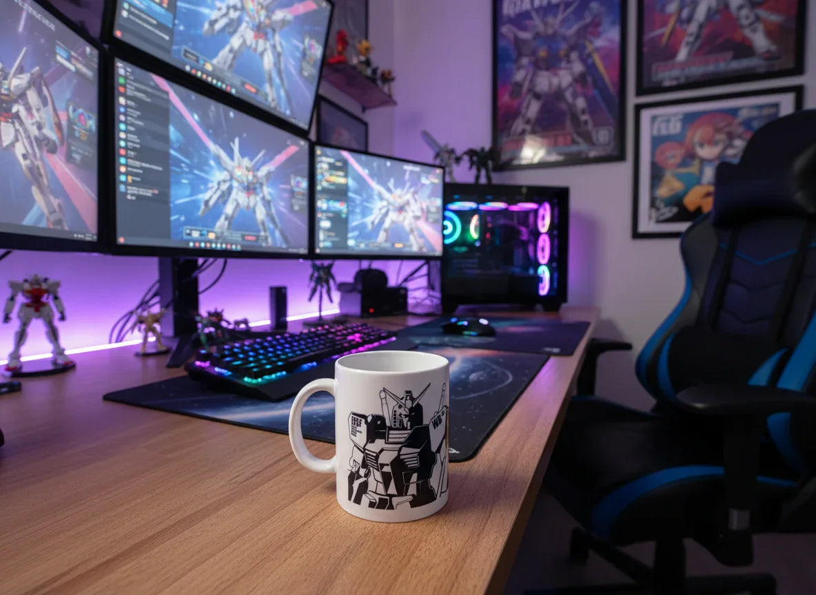 Gaming desk setup with triple monitors showing Gundam visuals, RGB keyboard, Gundam model figures, and Gundam-themed mug