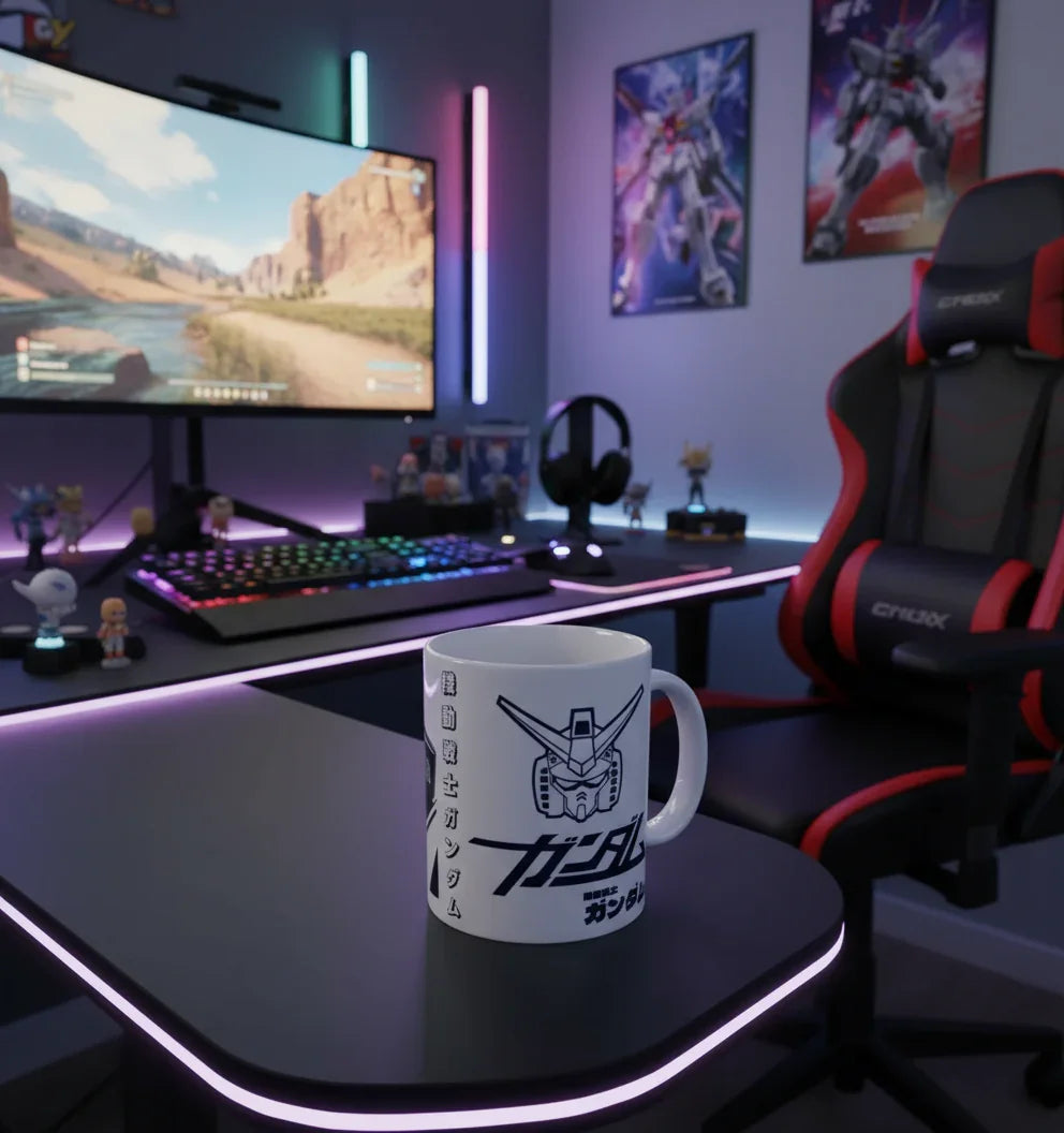 White Gundam-themed mug on a black gaming desk with LED lights and a gaming setup background