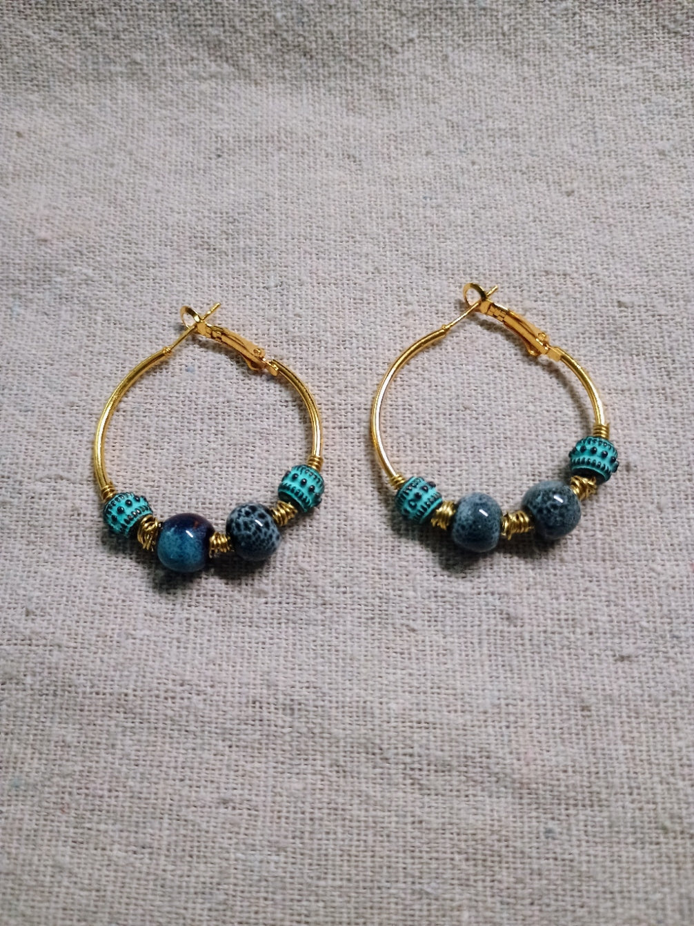 Blue Beaded Gold Hoop Earrings | Handmade Boho Jewelry