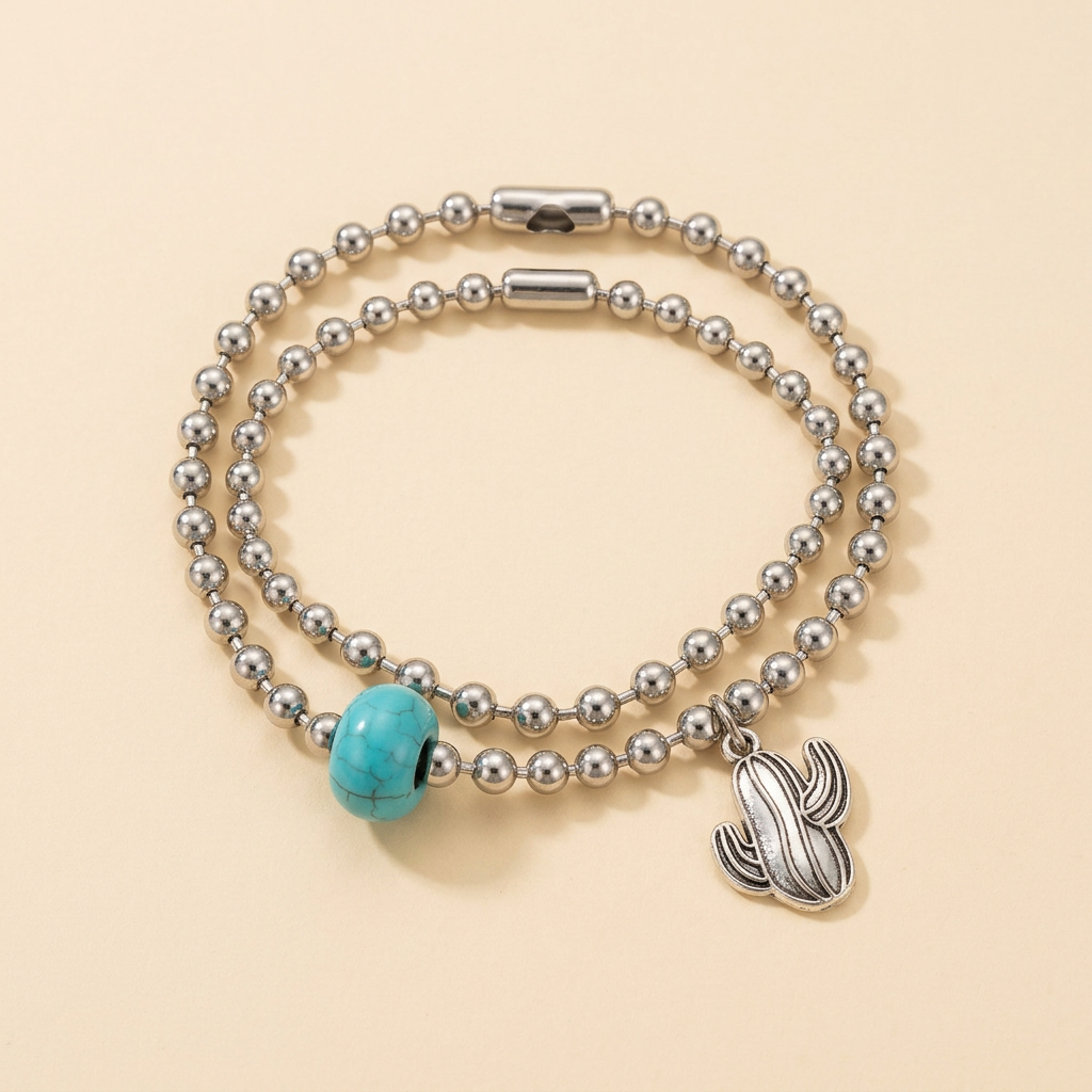 Cactus charm and turquoise-colored bead bracelet set