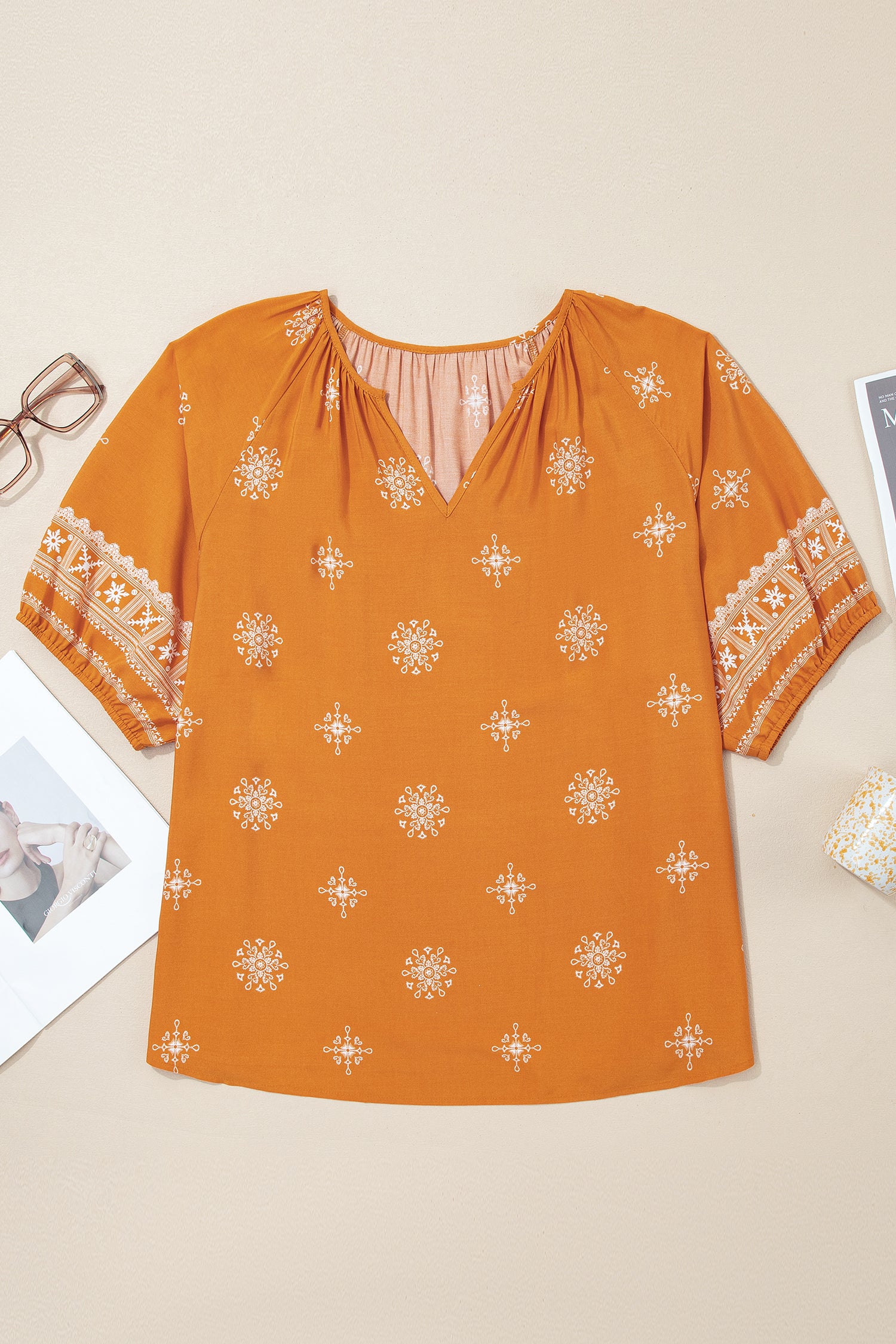 Yellow Boho Chic Notched V Neck Plus Floral Short Sleeve Top