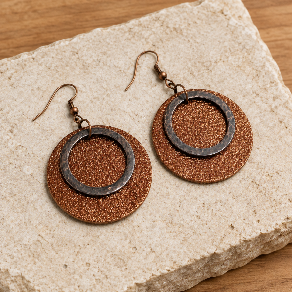 Copper Glow leather earrings styled product shot