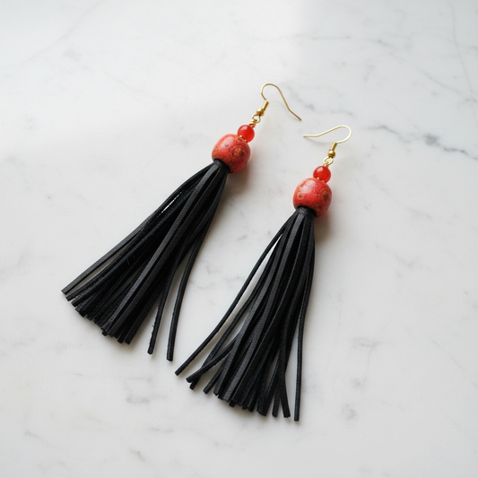 Crimson Fire Tassel Earrings - Clean Surface