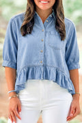 Beau Blue Half Sleeve Button Down Ruffled High Low Chambray Shirt