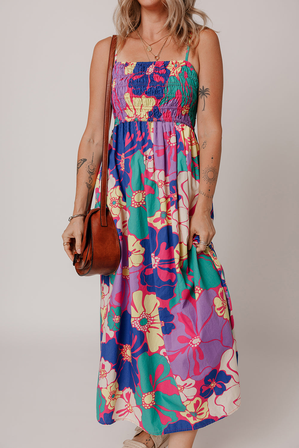 Purple Floral Print Shirred Spaghetti Strap Loose Maxi Dress