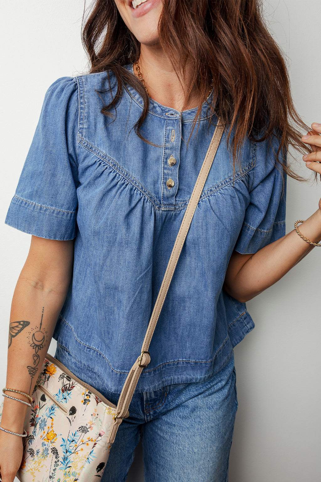 Beau Blue Seam Pleated Detail Half Button Short Sleeve Denim Top