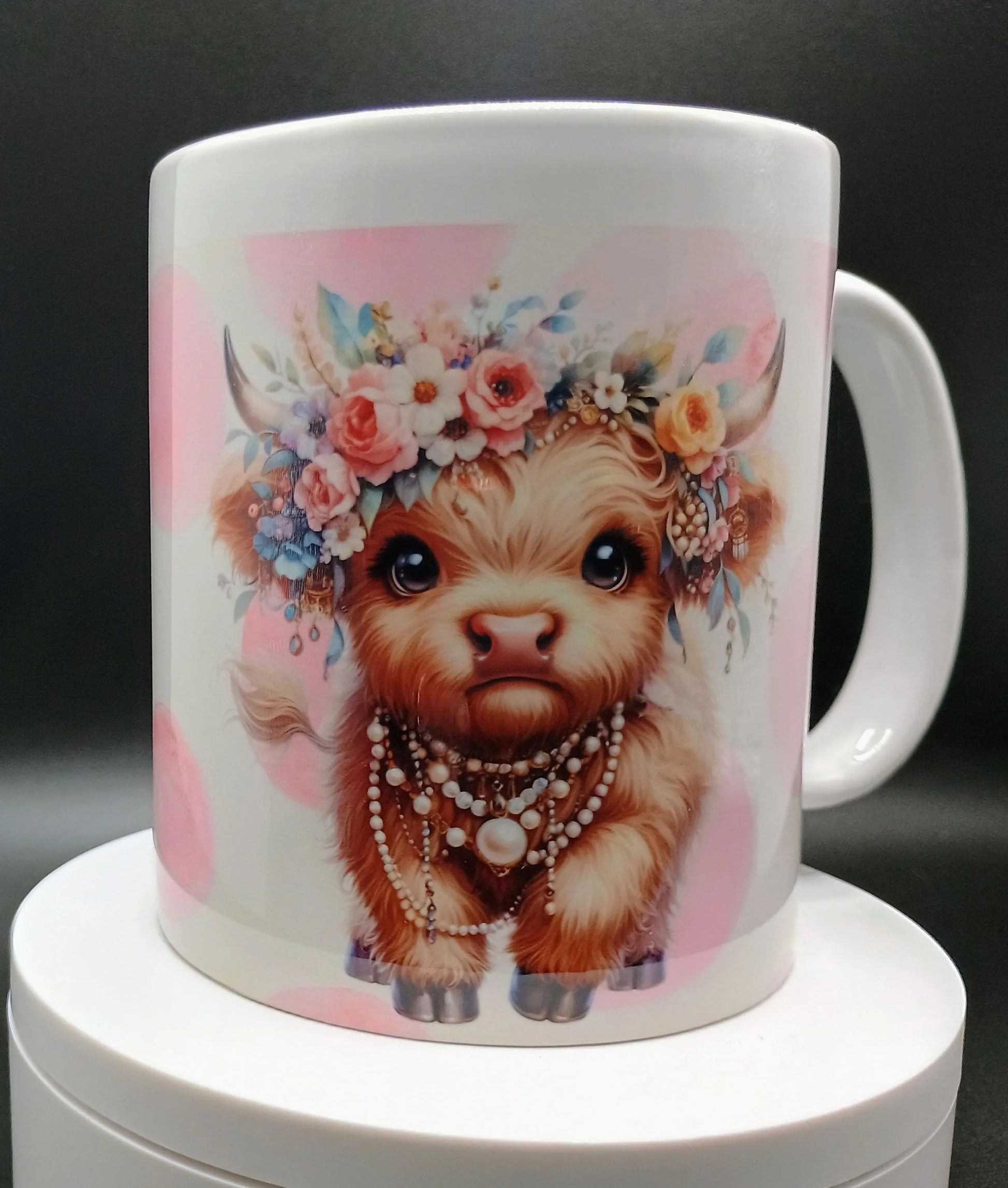 White mug with cute baby cow wearing floral crown and pearl necklaces illustration