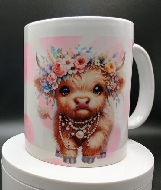White mug with cute baby cow wearing floral crown and pearl necklaces illustration