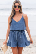 Ashleigh Blue Spaghetti Straps V Neck Belted Ruffled Leg Chambray Romper