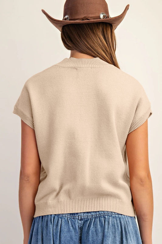 Parchment Corded Horseshoes Ribbed Trim Mock Neck Short Sleeve Sweater
