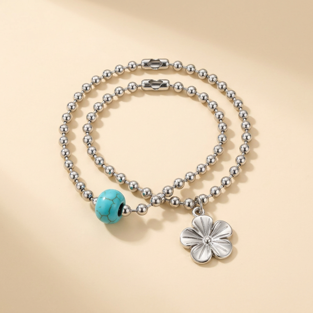 Flower charm and turquoise-colored bead bracelet set