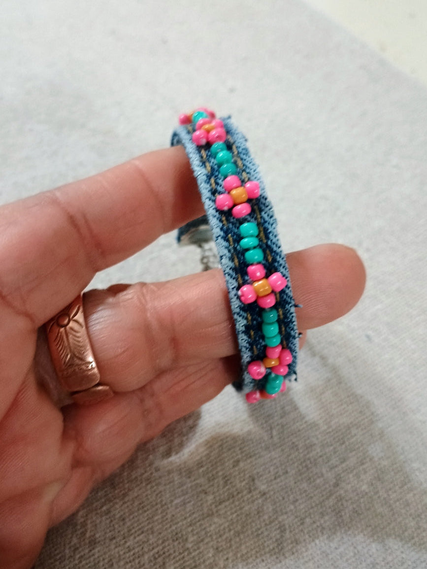 Handmade Denim Bracelet with Flower Bead Design