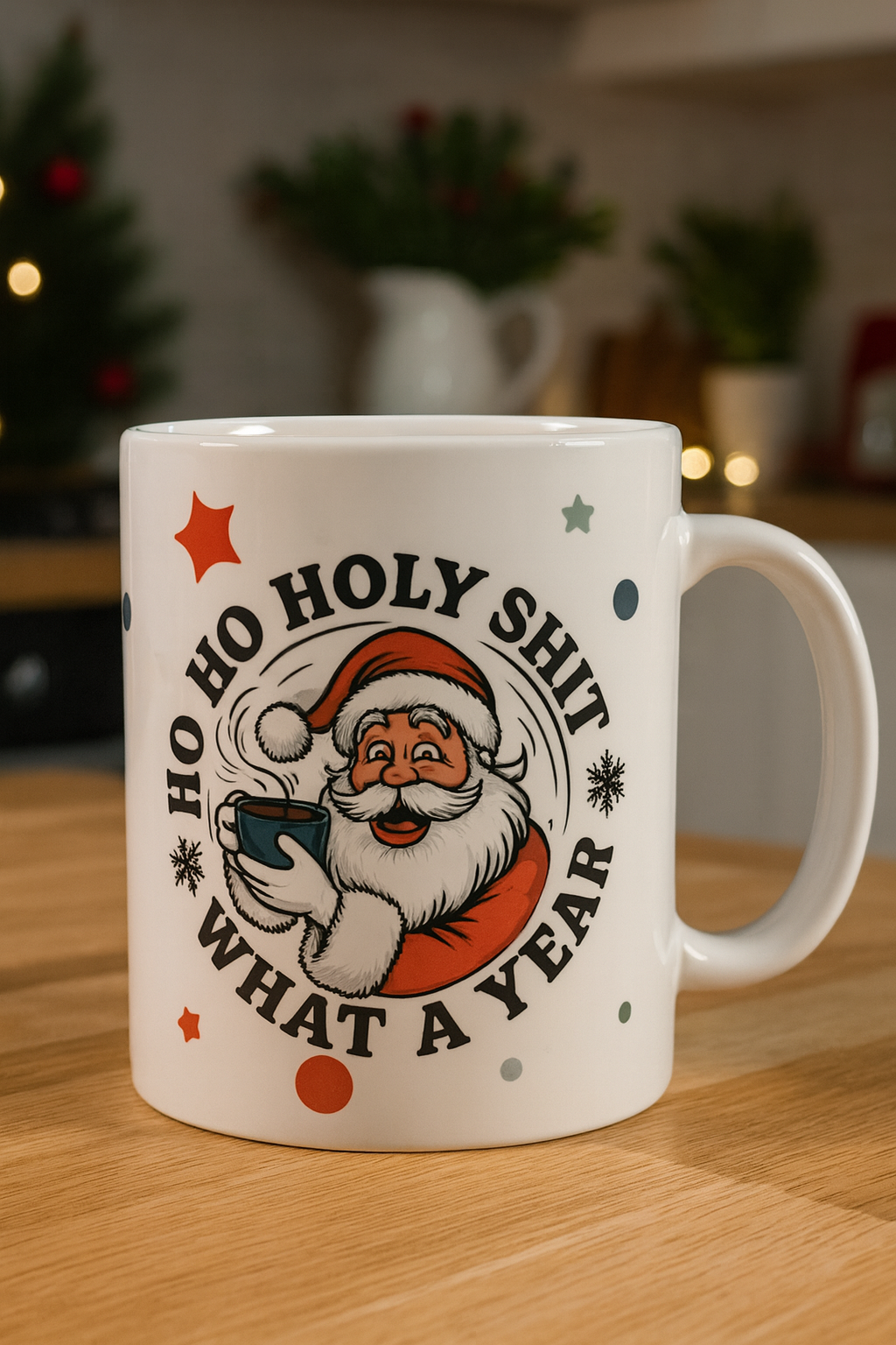 White ceramic mug featuring Santa holding a cup and Ho Ho Holy Shit What a Year lettering