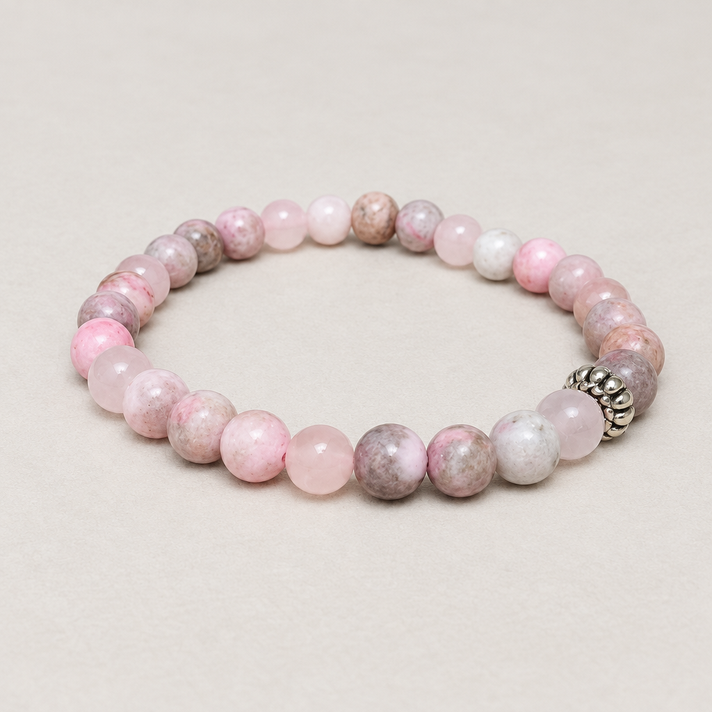 Improved pink zebra jasper and rose quartz bracelet product photo