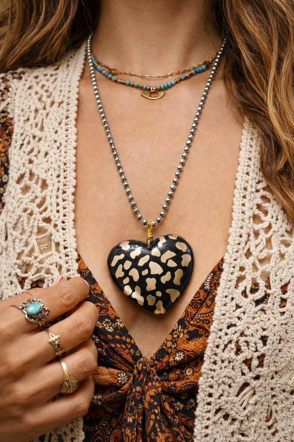 Black & Gold Leopard Heart Pendant Necklace