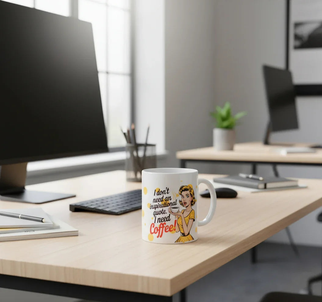 White coffee mug with retro woman and text 'I don't need an inspirational quote, I need Coffee!' on a modern office desk