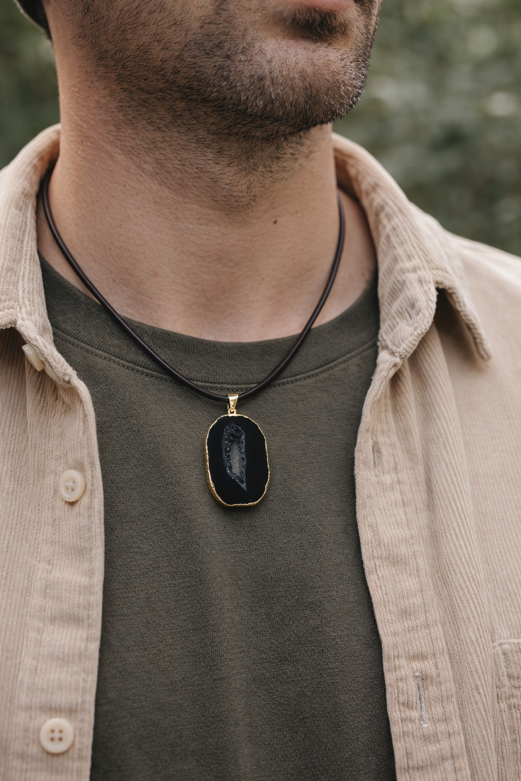 Black Onyx Agate Leather Cord Necklace - Handmade Natural Stone Pendant