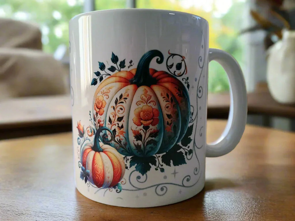 White ceramic mug with orange and white pumpkins decorated with floral patterns on wooden table