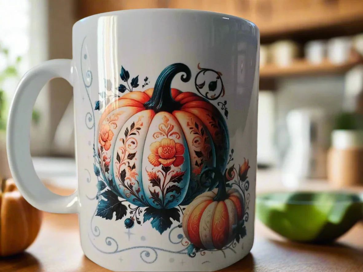 White ceramic mug with decorative orange and blue floral pumpkins design on wooden table in cozy kitchen