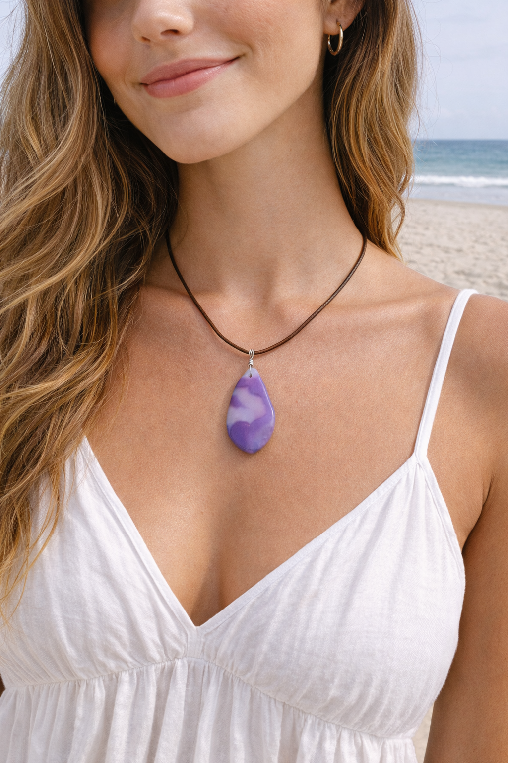 Purple Agate Teardrop Pendant Necklace - Spring Break Beach Jewelry