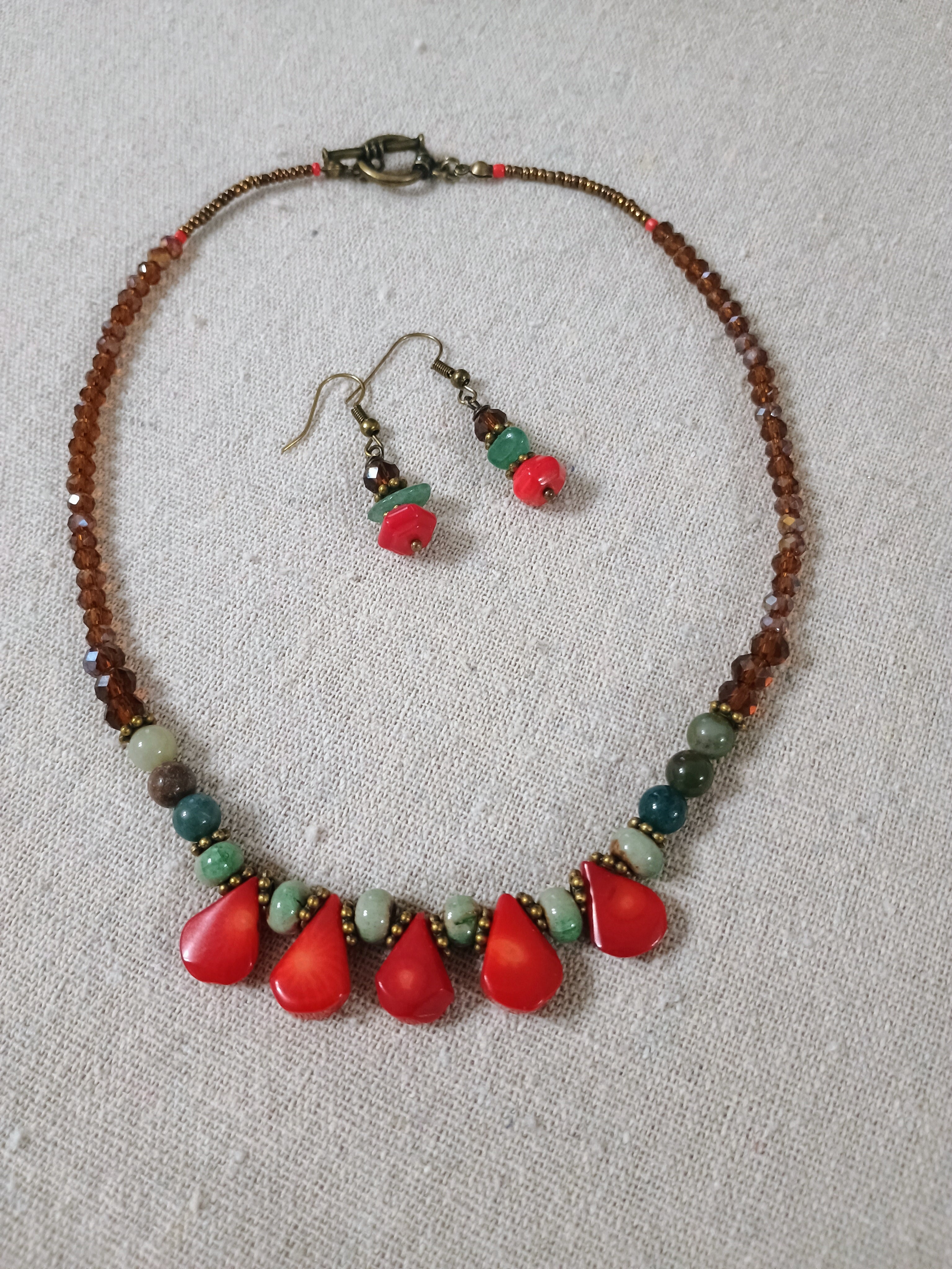 Handmade Beaded Necklace & Earring Set - Red Coral & Green Jasper Statement Jewelry