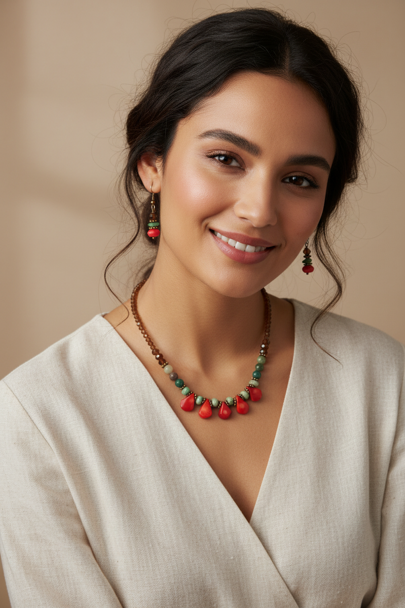 Woman wearing a necklace and earrings with a beige background