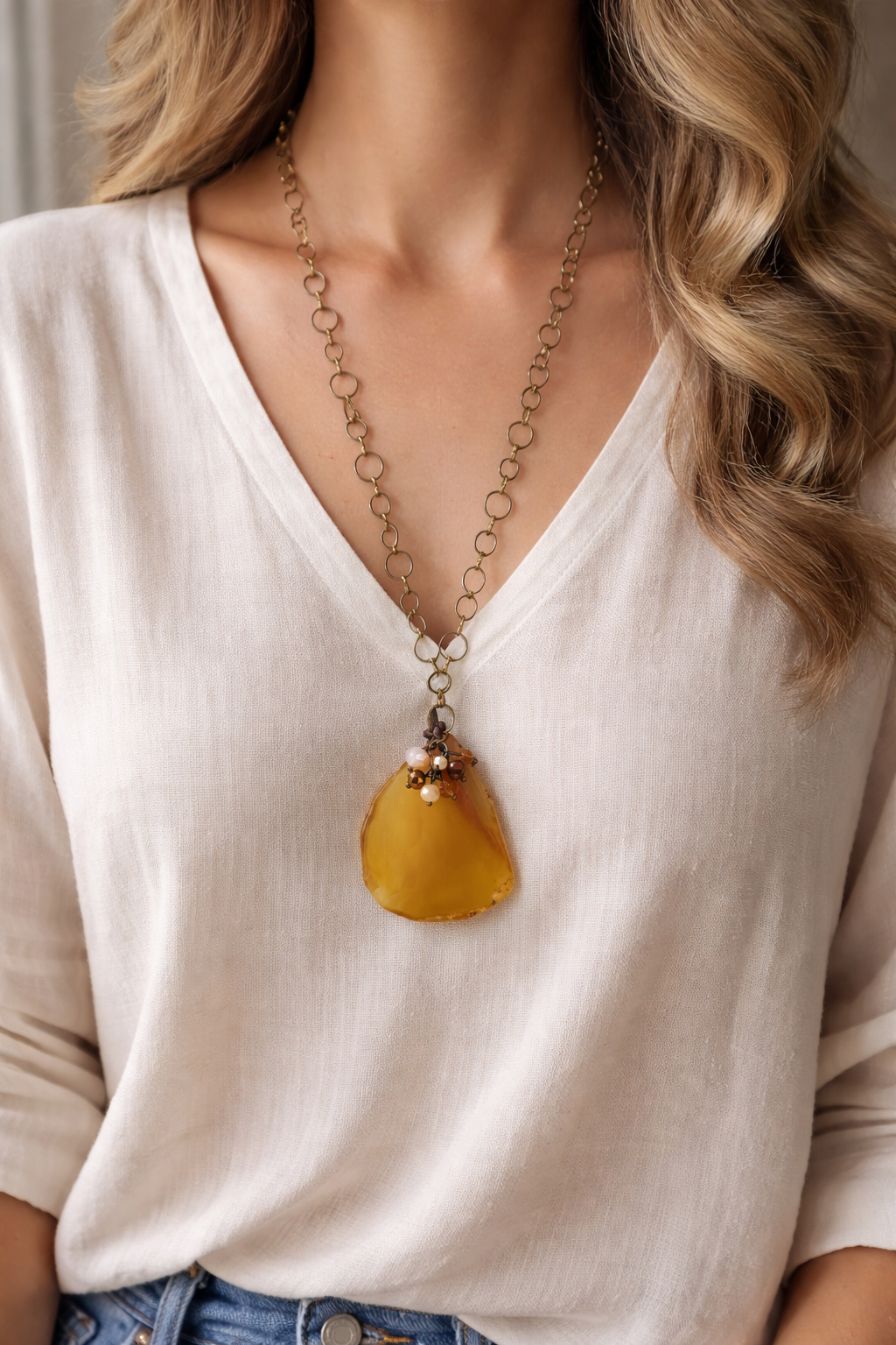 Person wearing a necklace with a large amber pendant on a plain background