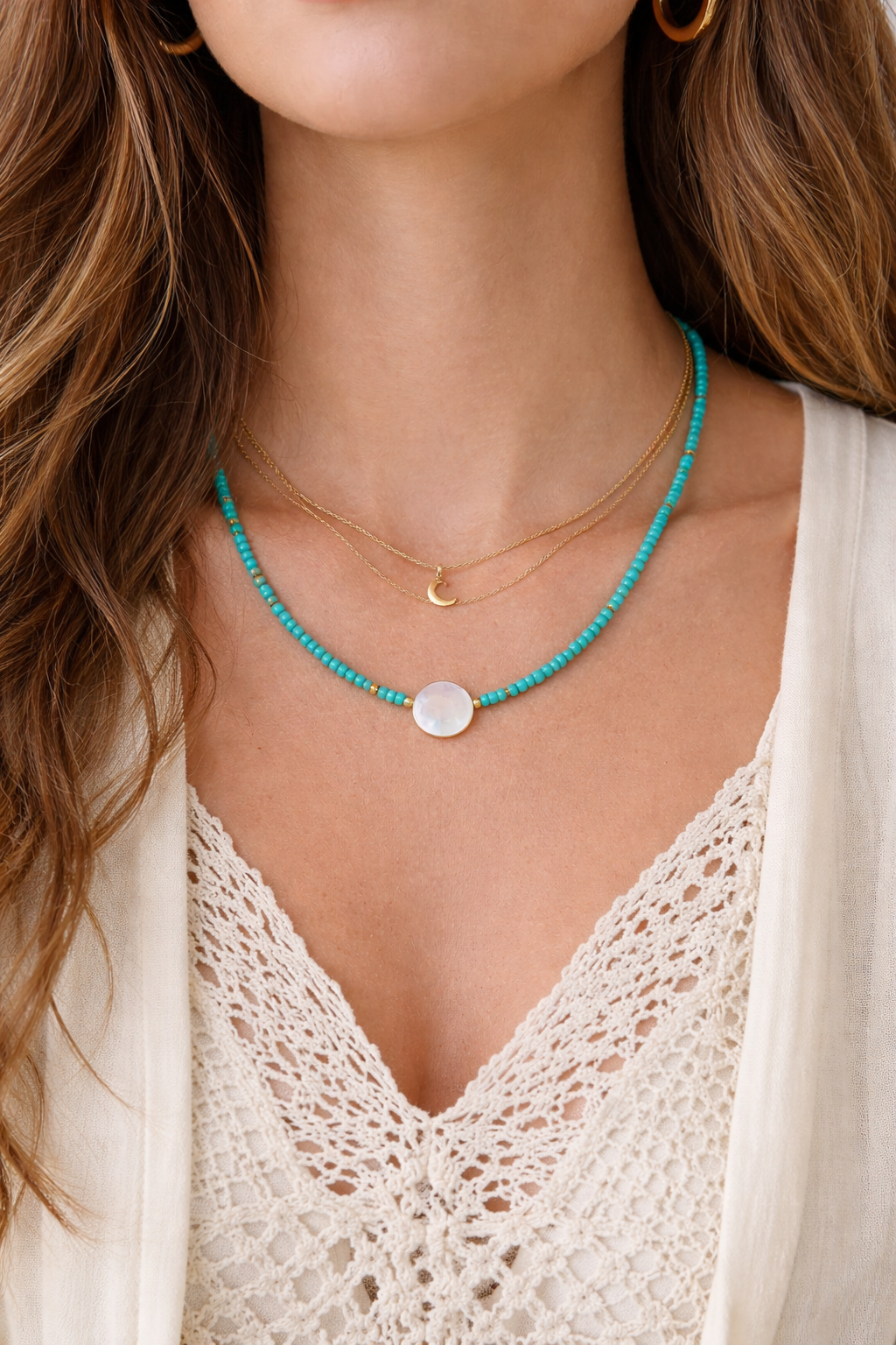 Turquoise Beaded Necklace with Mother of Pearl Pendant