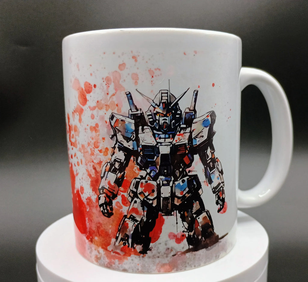 White mug featuring a colorful Gundam robot illustration with red splatter art background