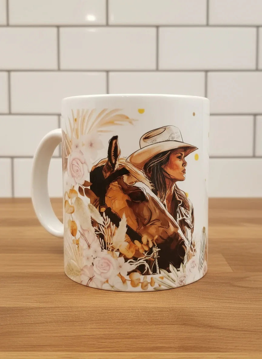 White ceramic mug with illustration of woman in cowboy hat and horse surrounded by floral design on wooden table