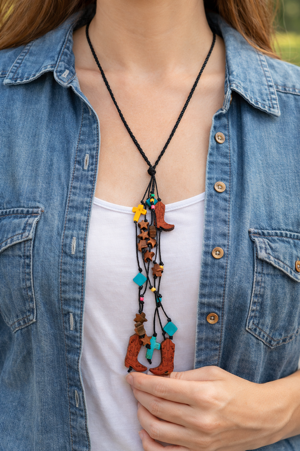 Western Cowboy Boots Charm Necklace with Dangle Charms
