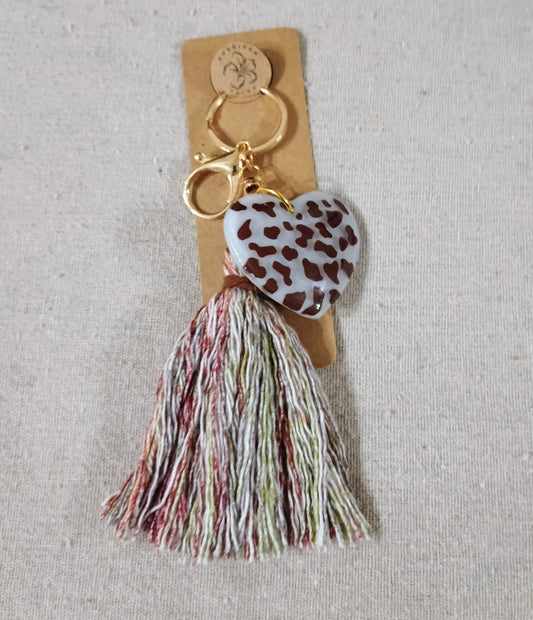 Cow Print Heart Tassel Keychain