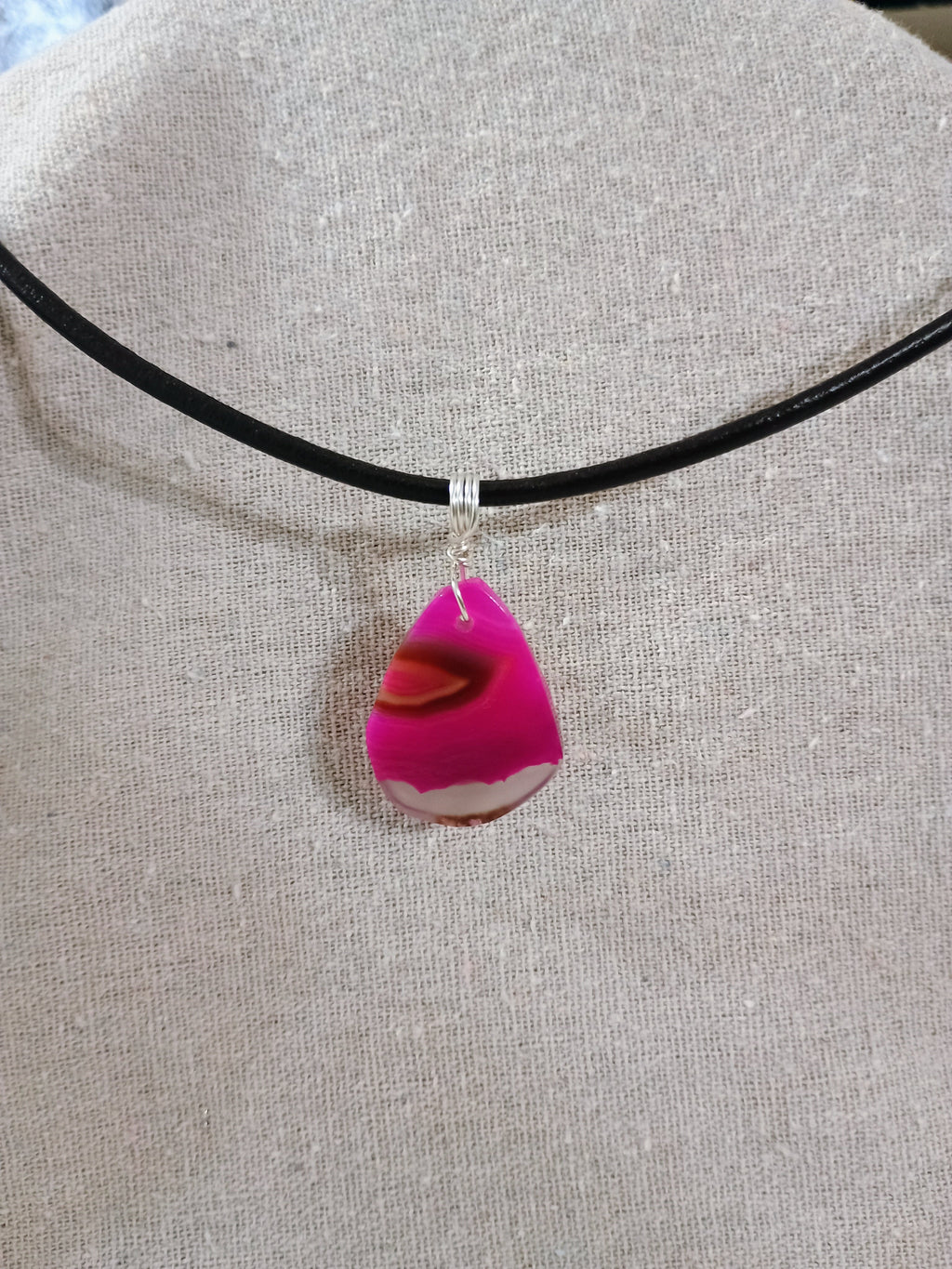 Pink Agate Leather Necklace - 18 Inch Handmade Pendant