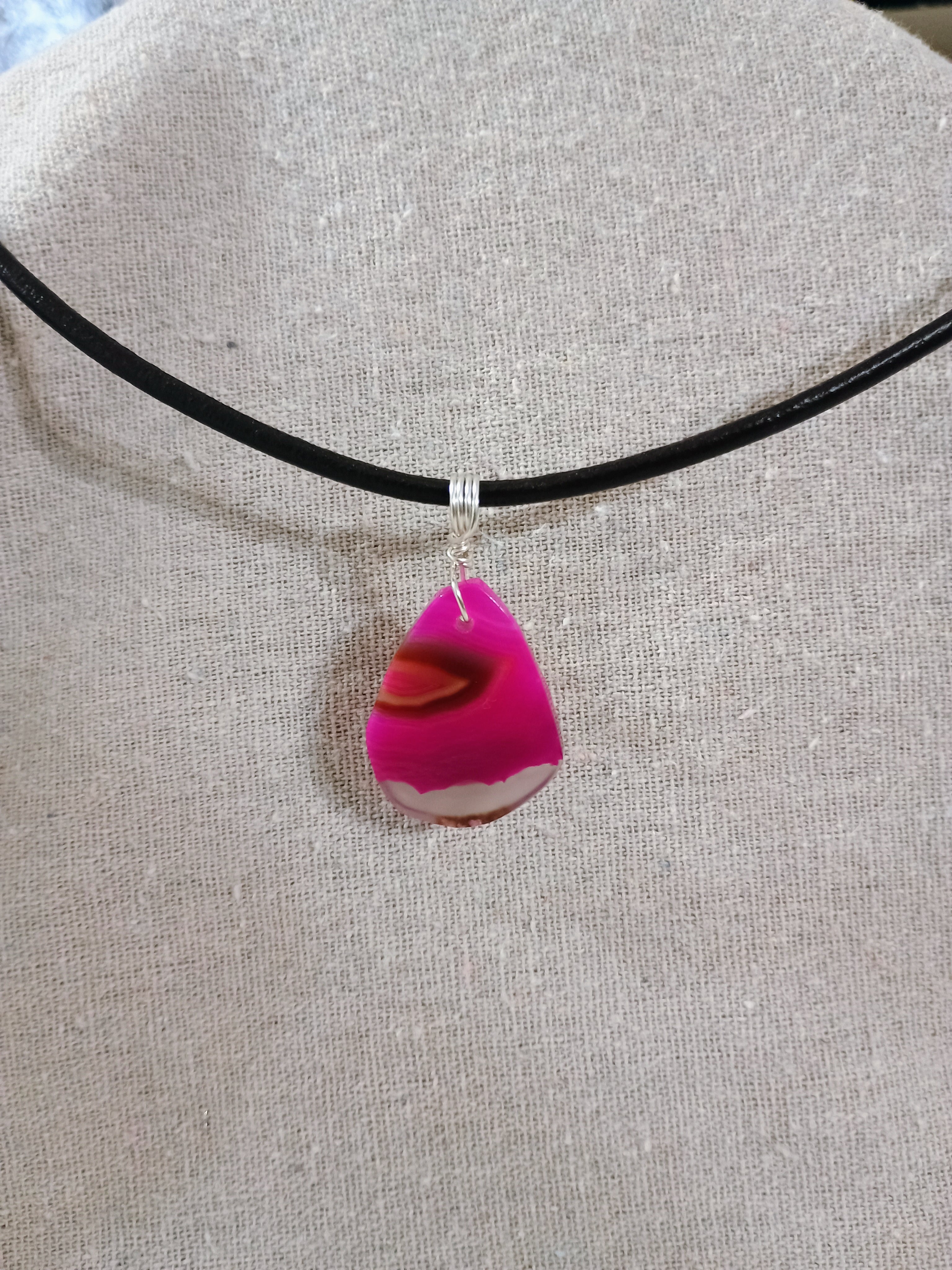 Pink Agate Leather Necklace - 18 Inch Handmade Pendant