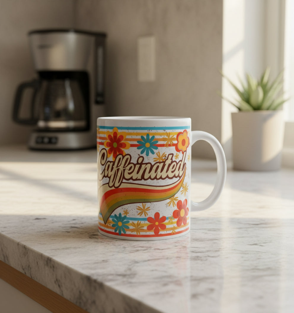 White coffee mug with retro flowers and rainbow design labeled 'Caffeinated' on kitchen countertop