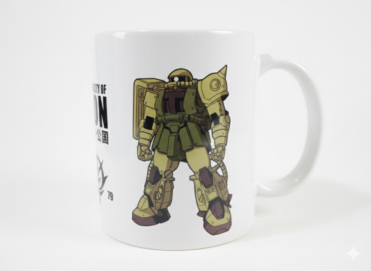White ceramic mug featuring olive green anime-style robot with mechanical details and spiked shoulder armor