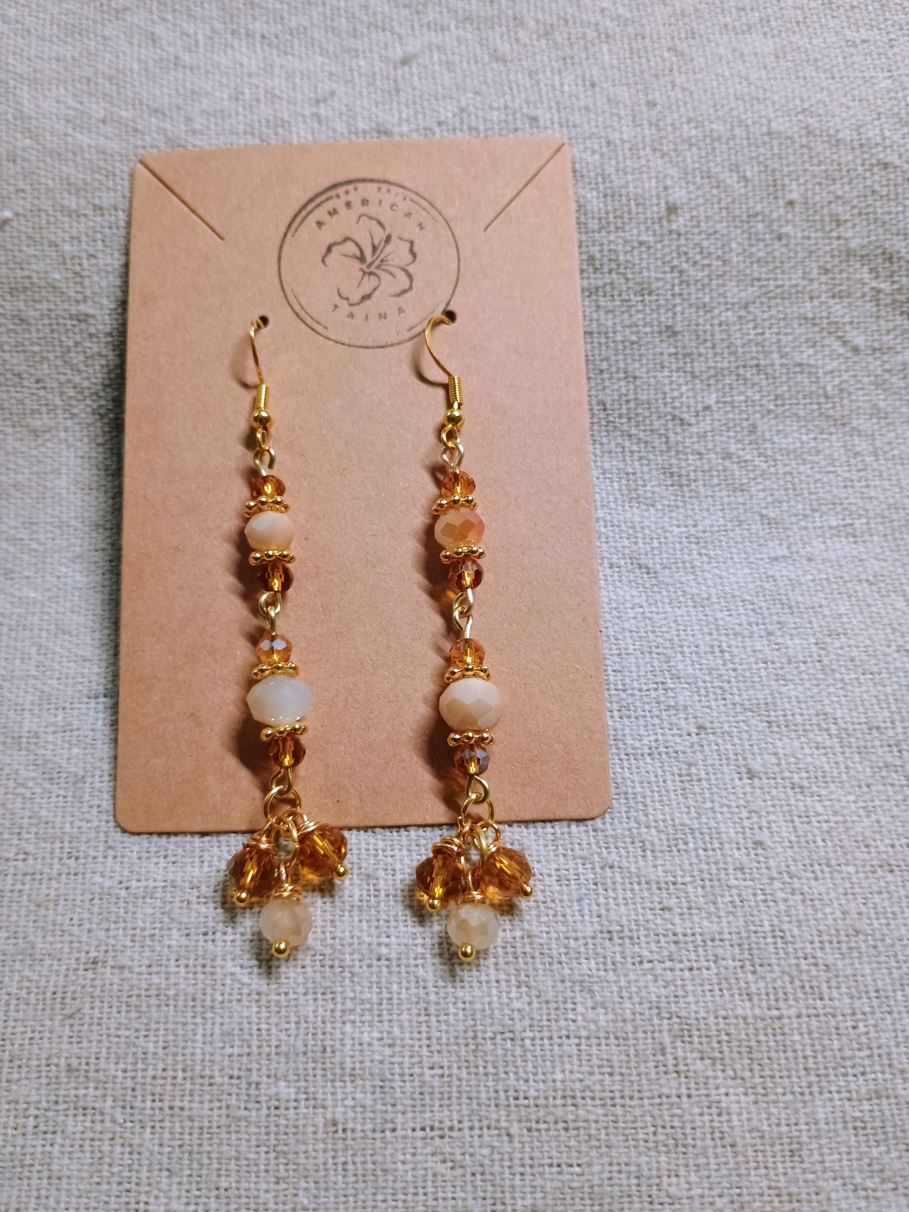 Beaded Dangle Earrings - Handmade Gold & Amber Drop Earrings
