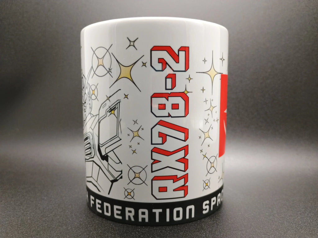 White mug with red RX-78-2 text, black Federation Space text, starry design, and robot graphic
