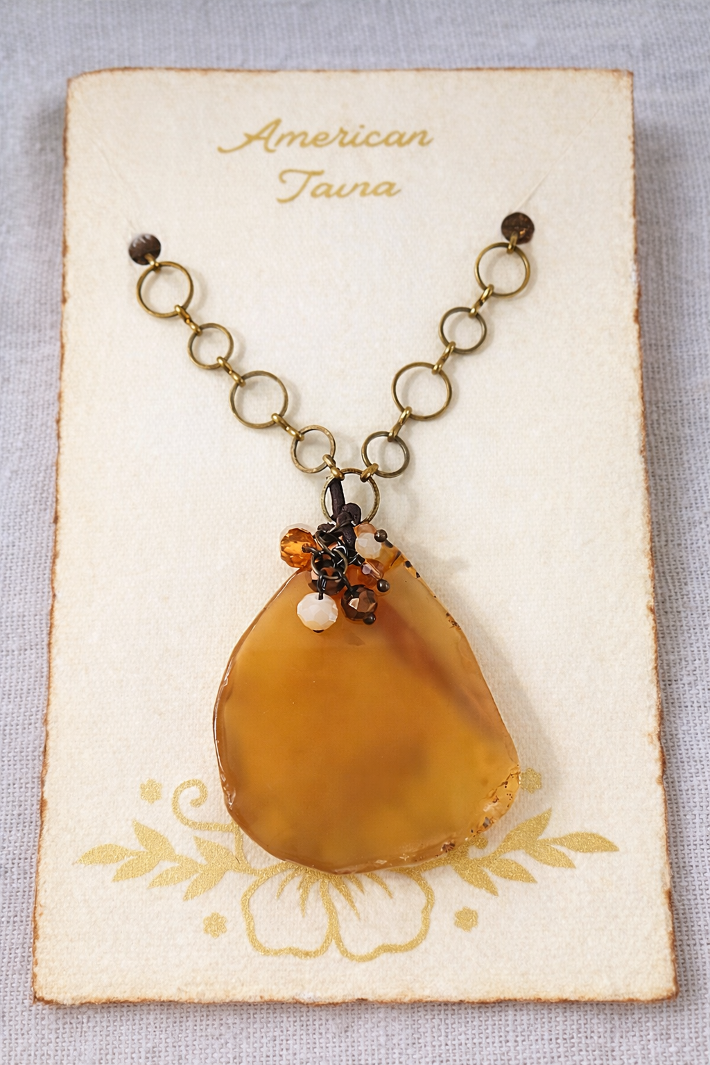 Yellow Agate Slice Necklace - Natural Stone Pendant on Brass Chain