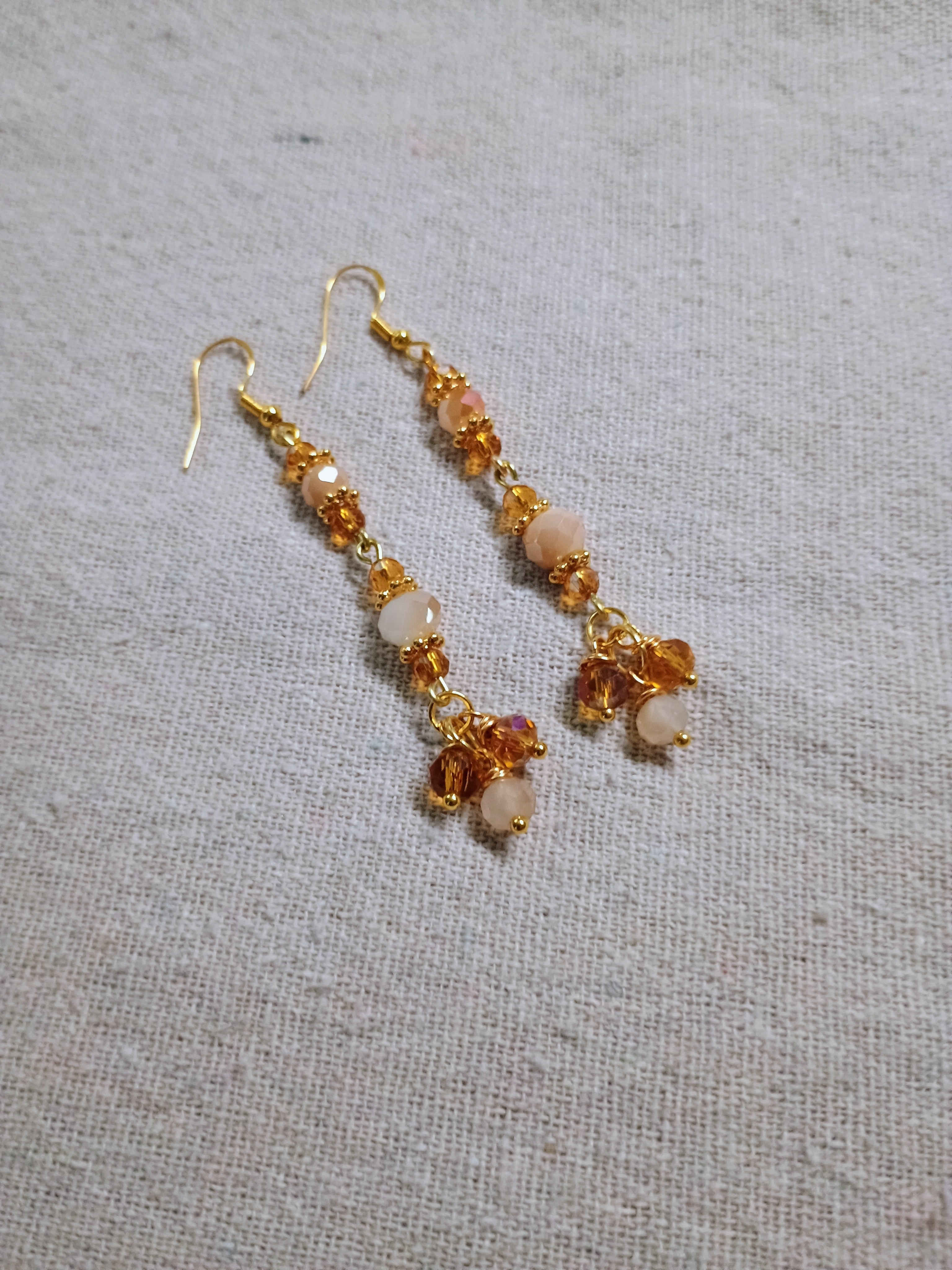 Beaded Dangle Earrings - Handmade Gold & Amber Drop Earrings